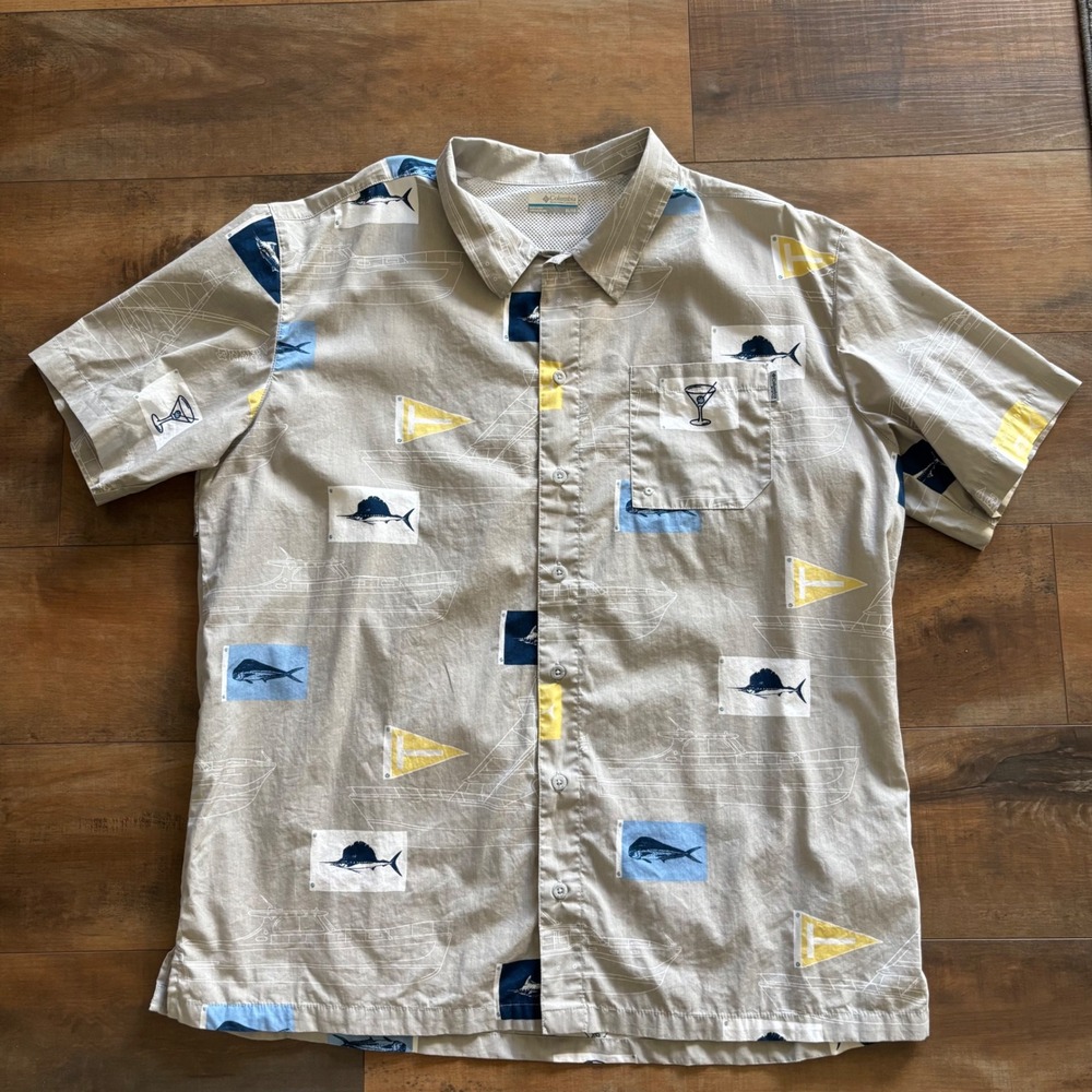 Columbia PFG Men's XL Fishing Short Sleeve Nautical Print Shirt Marlins Martinis